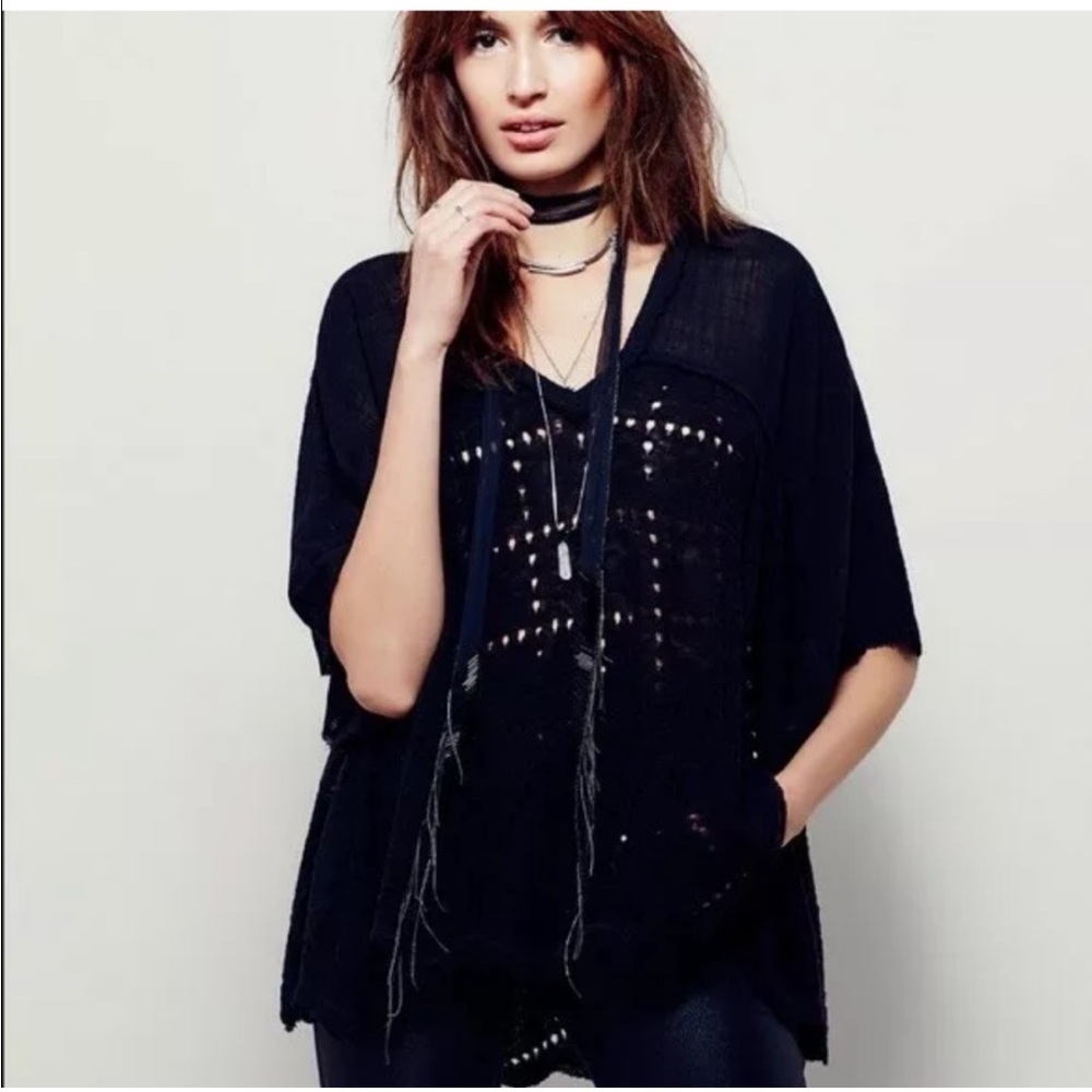 FREE PEOPLE Black SemiSheer Deep V-Neck Woven Patterned Holes Distressed Hem
